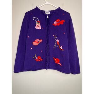1990s BonWorth Purple Pink Shoes Hats Sparkle Fran Fine Maximalist Cardigan XL